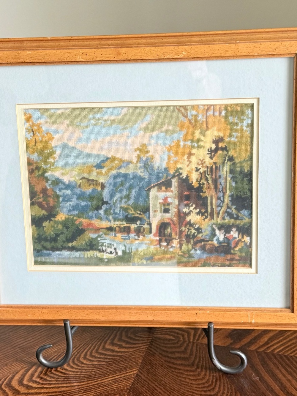 Vintage Framed Needlepoint Austrian Alpine Autumn Rustic Country Landscape.
